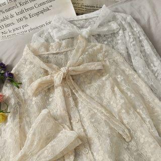 Ribbon-neckline Sheer Lace Shirt