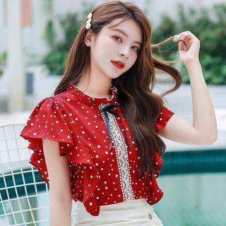 Short-sleeve Ruffle Trim Dot Print Blouse