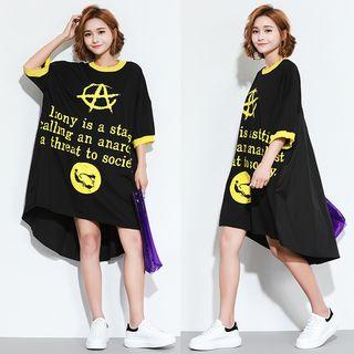 3/4-sleeve Printed T-shirt Dress Black - One Size