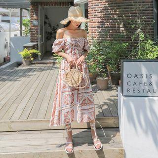 Set: Off-shoulder Pattern Top + Band-waist Flare Skirt
