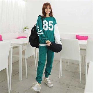 Set: Two-tone Lettering Sweatshirt + Slit-hem Sweatpants