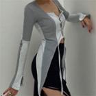 Long-sleeve Two-tone Irregular Cutout Cropped Knit Top
