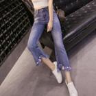 Washed Fray-hem Boot-cut Cropped Jeans