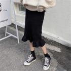 Frill-hem Knit Midi Skirt Black - One Size