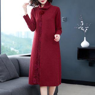 Turtleneck Long-sleeve Midi A-line Knit Dress