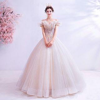 Off-shoulder Floral Embroidered Ruffled A-line Wedding Gown