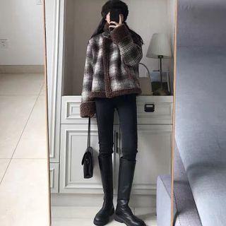 Plaid Fleece-lined Jacket / High Waist Skinny Pants