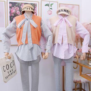 Set: Ribbon-neckline Striped Shirt + Knit Vest