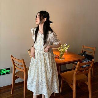 Short-sleeve Floral Midi A-line Dress Floral - Beige - One Size