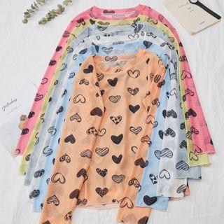 Long-sleeve Heart Print Mesh Top
