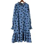 Dotted Long-sleeve A-line Dress Blue - One Size
