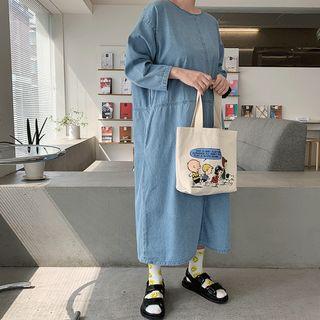 Drop-shoulder Denim Long Shift Dress Blue - One Size