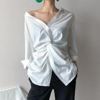 Long Sleeve V-neck Twisted Loose-fit Plain Shirt