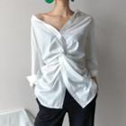 Long Sleeve V-neck Twisted Loose-fit Plain Shirt