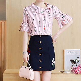 Set: Printed Striped Elbow Sleeve Shirt + Flower Embroidered A-line Skirt