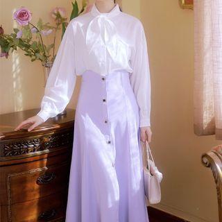 Set: Ribbon Tie-neck Blouse + Midi A-line Skirt