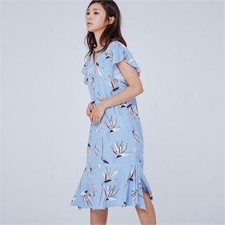 Ruffled-trim Patterned Linen Midi Dress