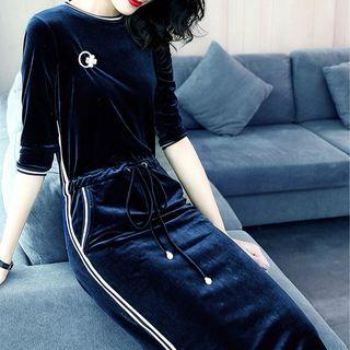 Drawstring Waist Velvet 3/4-sleeve Midi Sheath Dress