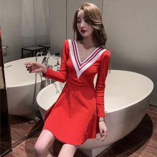 V-neck Contrast Trim Mini A-line Dress
