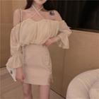 Halter-neck Cold-shoulder Blouse / Rhinestone Button Mini Pencil Skirt
