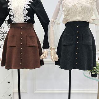 Buttoned A-line Knit Skirt