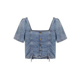 Short-sleeve Drawstring Denim Blouse