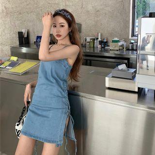 Spaghetti Strap Denim Mini Dress As Shown In Figure - One Size
