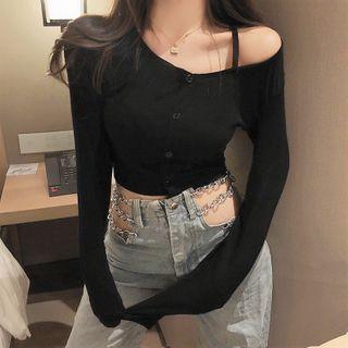 Cold-shoulder Ribbed T-shirt Black - One Size