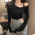 Cold-shoulder Ribbed T-shirt Black - One Size
