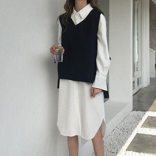 Long-sleeve Midi Shirt Dress/ Sweater Vest