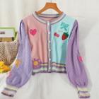 Color Block Embroidered Cardigan Color Block - Pink & Blue - One Size