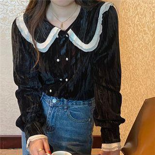 Long Sleeve Peter Pan Collar Velvet Top Black - One Size