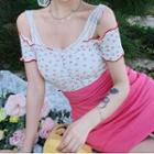 Lace Trim Camisole Top / Short-sleeve Off-shoulder Cherry Print T-shirt
