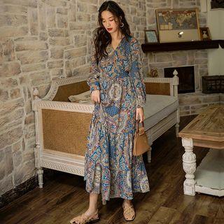 Long-sleeve Patterned Wrap Midi Chiffon Dress
