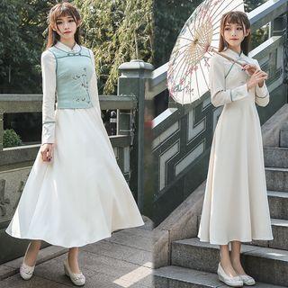 Long-sleeve Midi Qipao Dress / Embroidered Vest / Set