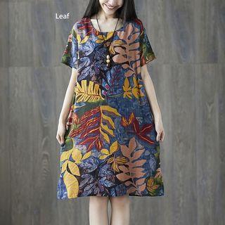 Short-sleeve Leaf Print Linen Dress