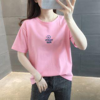 Short-sleeve Smiley Face Letter Embroidered T-shirt