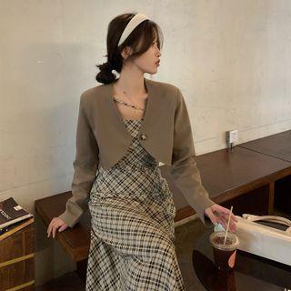 Single-breasted Cropped Jacket / Spaghetti-strap Plaid Midi A-line Dress