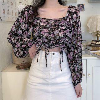 Long-sleeve Floral Print Drawstring Chiffon Crop Top