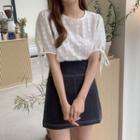 Puff-sleeve Floral Embroidered Blouse / A-line Skirt