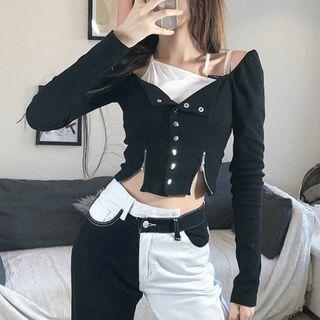 Mock Two-piece Long-sleeve Zip-accent Crop Top