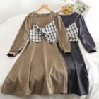 Set: Square-neck Long-sleeve Shift Dress + Plaid Camisole