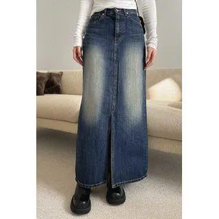 Slit-front Washed Maxi Denim Skirt