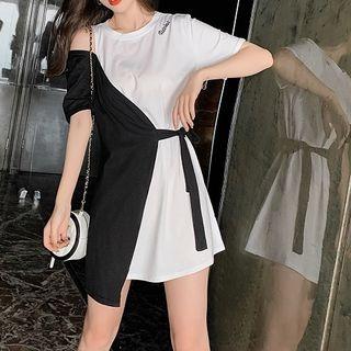 Panel Cold-shoulder Mock Two-piece Dress
