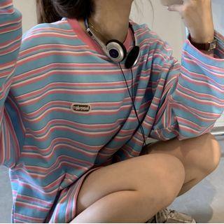 Long-sleeve Striped T-shirt Stripe - Blue & Pink - One Size