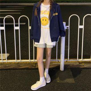 Smiley Face Print Short-sleeve T-shirt / Lettering Hooded Zip Jacket