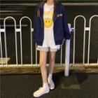 Smiley Face Print Short-sleeve T-shirt / Lettering Hooded Zip Jacket