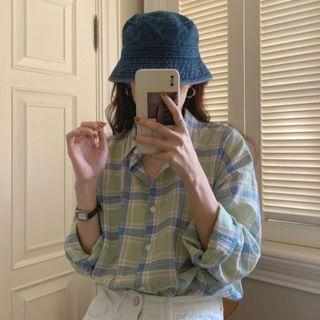 Long Sleeve Plaid Shirt Plaid - Blue & Green - One Size