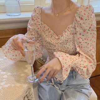 Puff-sleeve Floral Chiffon Blouse As Shown In Figure - One Size