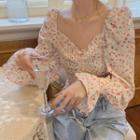Puff-sleeve Floral Chiffon Blouse As Shown In Figure - One Size